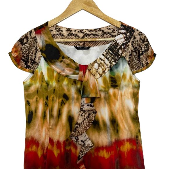 Cara Lotti Silk Sheath Dress Size 8 Brown Rust Yellow Cap Sleeves Scoop Neck - Picture 3 of 7